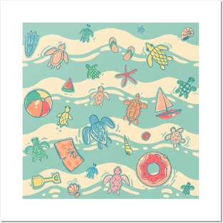 Sea turtles with pool and beach toys Posters and Art